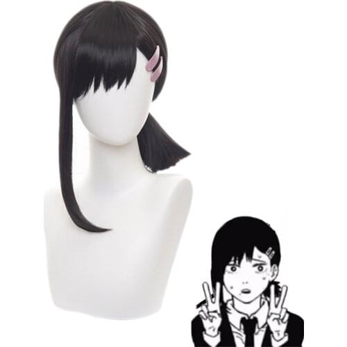 Chainsaw Man Higashiyama Kobeni Black Cosplay Wig Heat Resistant Fiber Hair with Hairpins + Wig Cap Halloween Party Role Play