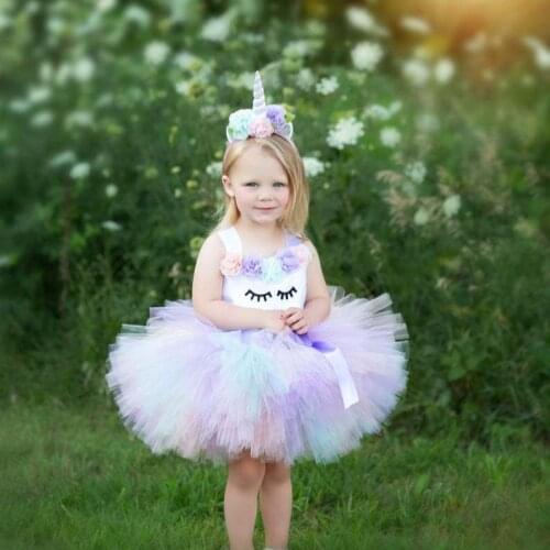 Girls Pastel Unicorn Flower Tutu Dress Kids Crochet Tulle Dress with Hairbow Children Birthday Party Costume Cosplay Dresses
