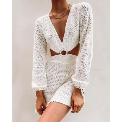 Sexy Knitted Dress Women Summer Mini Fashion Sundress Beach Hollow Out White Club Cut Out Party Bodycon Dress Long Sleeves