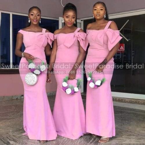 Pink Mermaid Bridesmaid Dresses With Bow Spaghetti Off Shoulder Long African Women Bridal Party Dress