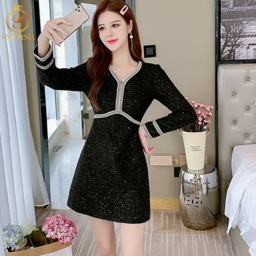 SMTHMA 2021 New Autumn French Style Woolen Dress Robe Ladies High-End Temperament Sequins Tweed Dresses Vestidos