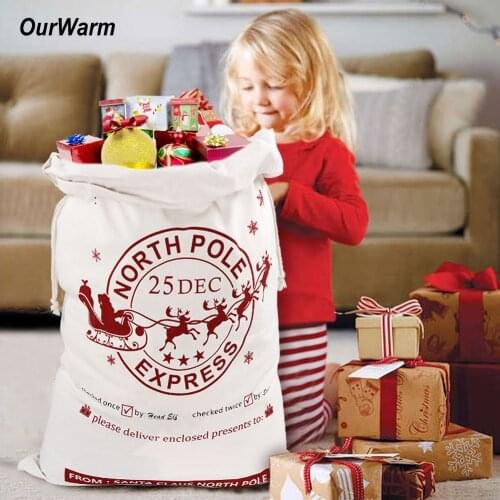 OurWarm Canvas Santa Bags with Drawstring Christmas Gift Large Hessian Burlap Christmas Sacks New Year Supplies 50X70cm