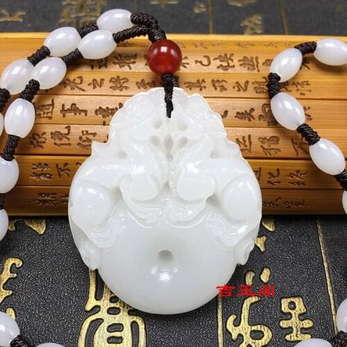 Admirable White jade solid 2 Lion pendant Lucky Beast Hanging Amulet Mala Bead Necklace With