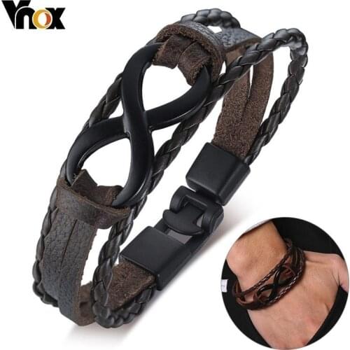 Vnox Vintage Mens Bracelets Braided Leather 8 Infinity Charm Bangle Retro Male Jewelry with Hook Locket