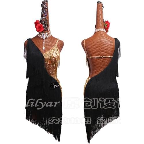 Latin Dance Dress Latin Skirt Competition Dress Costumes Performing Dress Practice Skirt Customize Adult Kids Lady Black Tassel