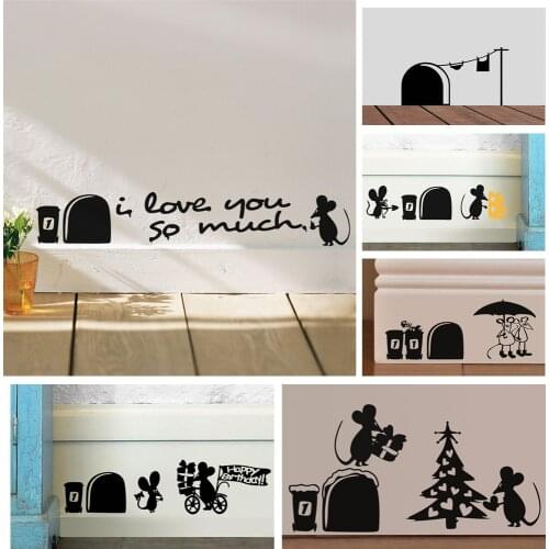 Funny Cartoon Mouse Wall Sticker DIY Black Mousehole Skirting Decal Room Corner Ornament Stairs Mural Nursery Home Decoration