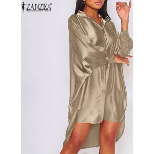 ZANZEA 2021 Stylish Satin Shirt Dress Womens Irregular Sundress Casual Long Sleeve Lapel Mini Vestidos Robe