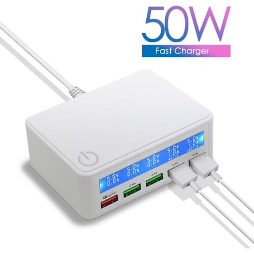 ILEPO QC3.0 USB Charger 50W Smart charging Station 5V3A 9V2A 12V1.5A LCD Display 5 Port USB Quick Charge For Iphone iPad