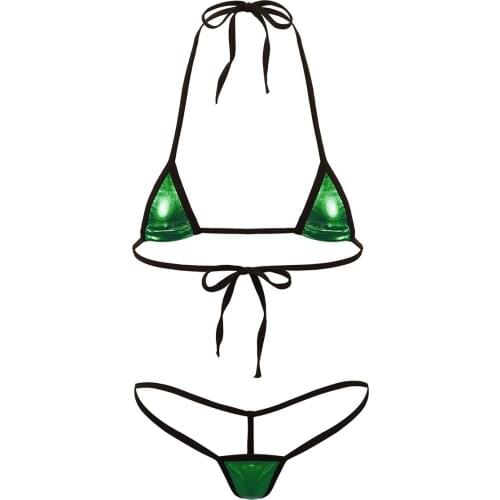 Womens Erotic Shiny Metallic Mini Bikini Lingerie Set Halter Neck Tie-on Bra Tops with G-String Thong Briefs Underwear Beachwear