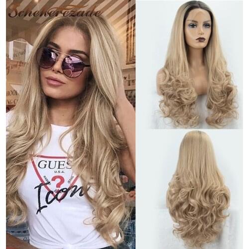 Scheherezade Long Wavy Wig Water Wave Ombre Brown Wig 13*3 Ash Blonde Lace Front Wigs Synthetic Wigs For Women T Part Wig Party