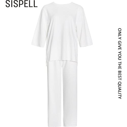 SISPELL Pure Color Casual Womens Two-piece Suit Oneck Long Sleeve Loose T Shirt High Waist Loose For Female Sets 2021 Fashion