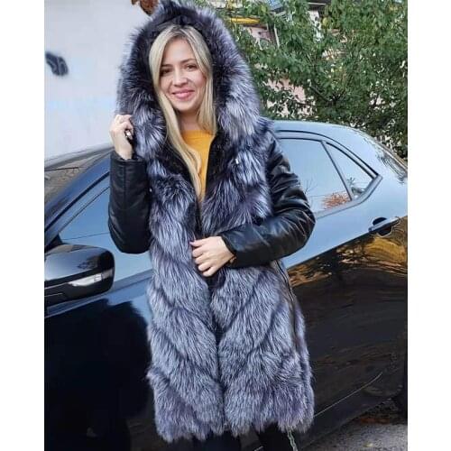 Winter Real Fox Fur Coat Women Genuine Leather Coat Long Natural Fur Hooded Jackets For Women Detachable Sleeves Warm Clothes