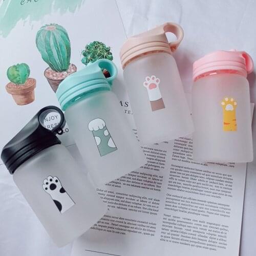 500ml Cute Glass Water Bottle Girl Portable Cartoon Cat Paw Straw Drinking Bottles Flower Student Milk Juice Tumbler Coffe Cup