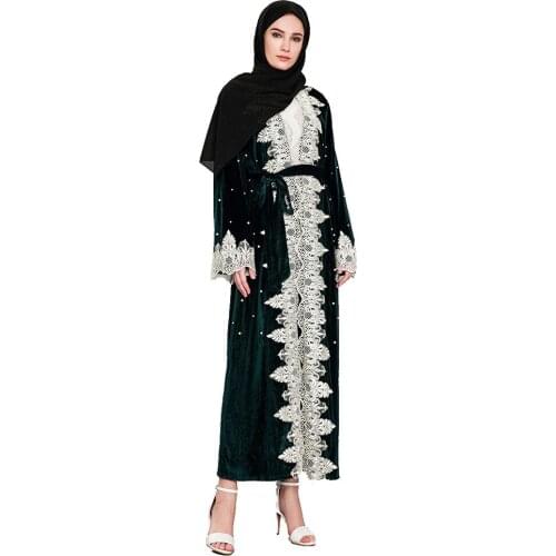 BianFeng Womens Ramadan Kaftan Muslim Abaya Lace Stitching Beaded Gold Velvet Cardigan Robe Long Sleeve Loose Fit Dress