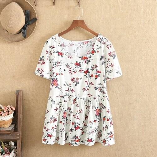 Plus Size Tops For Women O-Neck Short Sleeves Cotton Fabric Floral Print Medium And Long Shirt Looser Big-Waisted Shirt Summer