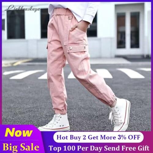 High Waist Teen Pants Kids Cargo Pants For Girls Solid Color Cool Trousers Pocket Casual Children Running Sport Pants Girl Pants
