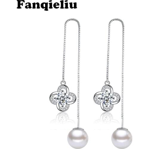 Fanqieliu Cubic Zirconia 925 Sterling Silver Drop Earrings For Women Clover Flower Long Crystal Dangle Earrings Female FQL193269