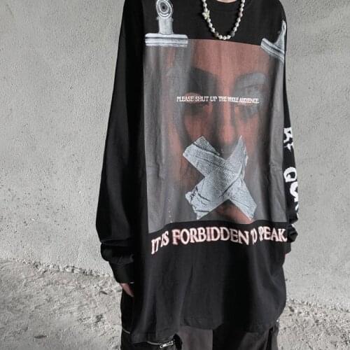 Black Autumn Mens Tshirt Long Sleeve Harajuku Rock T Shirt Japanese Harajuku Loose Streetwear Hip Hop High Street Tshirts Male