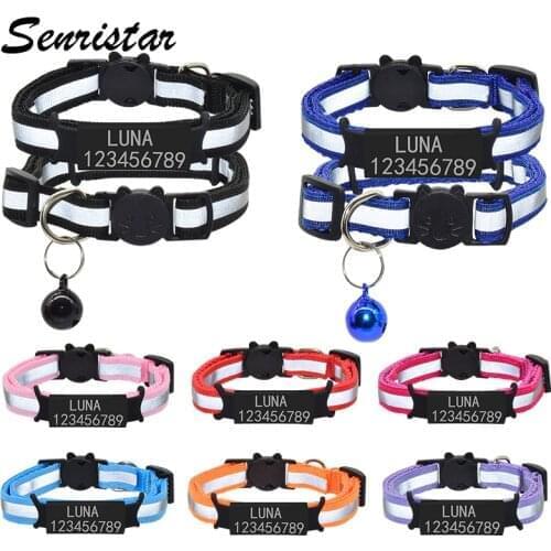 Custom ID Name Tag Reflective Cat Collar Bell Personalized Safety Nylon Engraved Nameplate Cat Collar Necklace Pet Kitten Collar