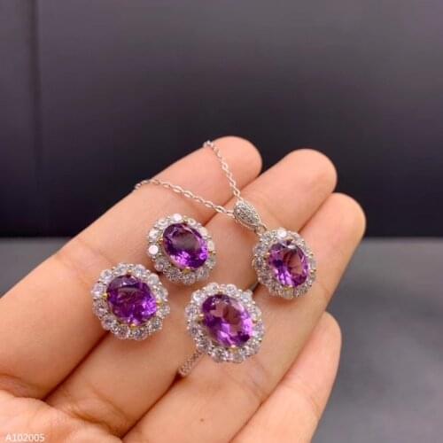 KJJEAXCMY exquisite jewelry 925 Sterling Silver Inlaid Natural Top Grade Amethyst Gemstone Womens Ring Pendant Earring Set