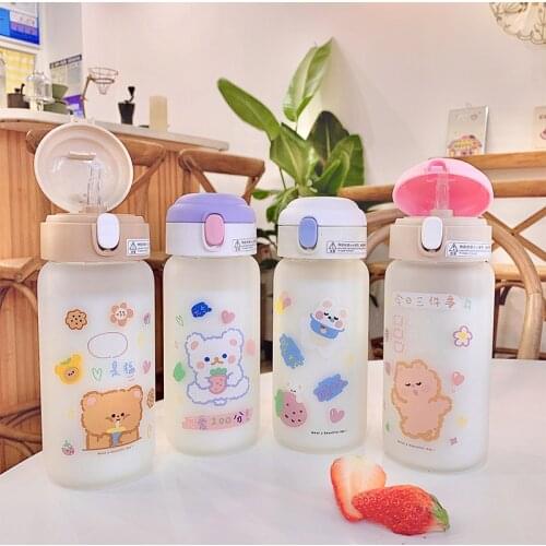 450ml Cute Glass Water Cup With Straw Kids Girls Milk Juce Water Bottles Portable Camping Glass Bottle Office Water Jug