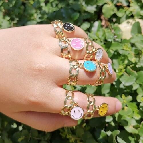 Minar INS Fashion Multiple Candy Color Enamel Rings for Women Colorful Smile Face Love Heart Butterfly Chunky Curb Chain Ring