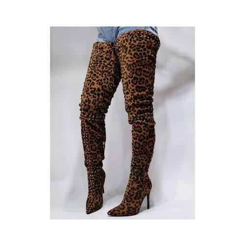 Fashion Leopard Thigh High Boots Studded Flock Leather Pointed Toe Sexy Women Boots Zipper Stretch Over The Knee Women Boots