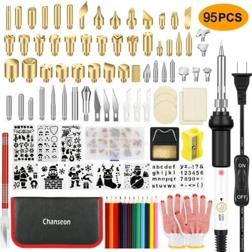 95PCS Wood Burning Kit Woodburning Tool Adjustable Temperature Soldering Pyrography Pen for Embossing Carving Soldering Tips