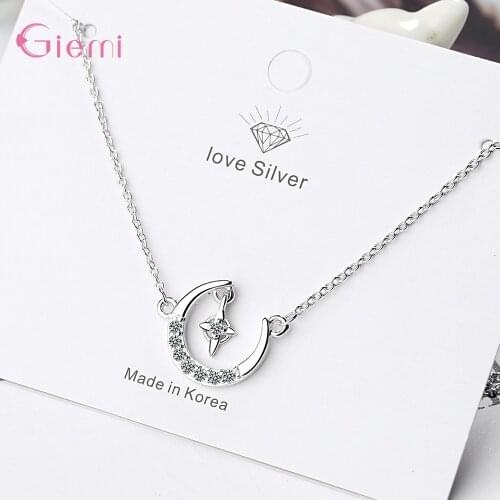 Newest Genuine 925 Sterling Silver Charm Necklace With Moon & Star Shape Pendant Paved With Small Sparkling AAA Grade CZ Crystal