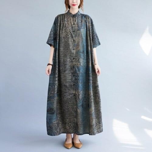 Summer Fashion Shirt Dress For Women Korean Vintage Print Casual Long Cardigan Boho Dress Femme Oversize Cotton WomenS Clothing