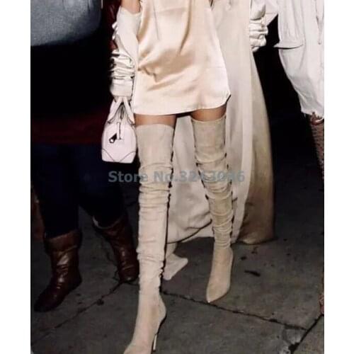 Pointed Toe Over The Knee Long Boots Apricot Black Gray Faux Suede Thin High Heel Long Boots Sexy Stretch Fabric Lady Sock Boots