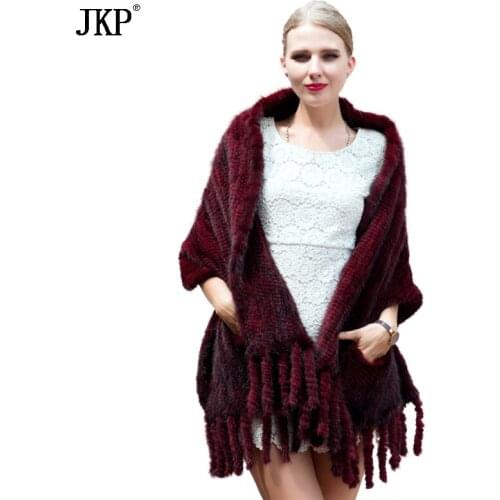 Womens Genuine Real Knitted Mink Fur Scarves with Tassels Lady Autumn Winter Women Fur Shawls WJ96
