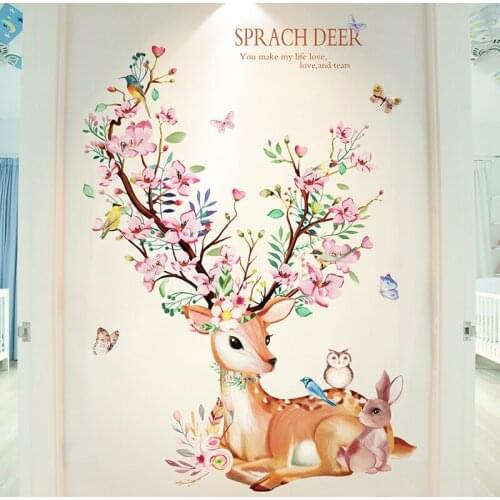 [SHIJUEHEZI] Deer Animal Wall Sticker DIY Flowers Wall Decor Decals for Kids Rooms Baby Bedroom Children Nursery Home Decoration