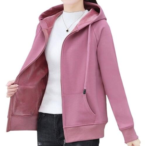 Pure Cotton Golden Velvet Slim Keep Warm Winter Women Hoodie Commute Solid Harajuku Sweatshirt Red Bean Paste Zipper Coat Female