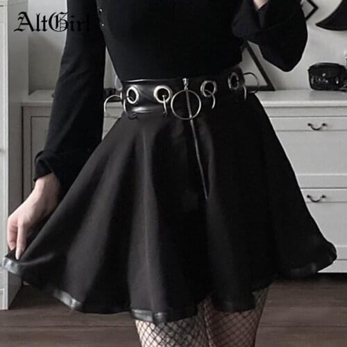 AltGirl Harajuku Dark Gothic Punk Skirt Vintage Y2k Grunge Zipper Ring High Waist Pleated Skirt Street Mall Goth Emo Alt Skirts
