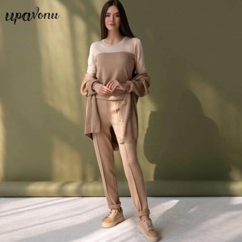 Free Shipping 2021 New Spring Women Knitted Sportswear 3-Piece Long Sleeve Plaid Cardigan Sweater & Knitwear & Pencil Pants Set