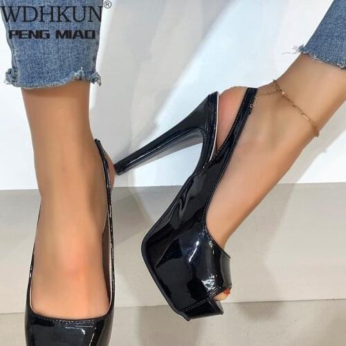 Plus Size Platform Stiletto Heels Pumps Women Sexy Peep Toe Patent Leather Party Shoes Woman Strap Leopard Print Shoes