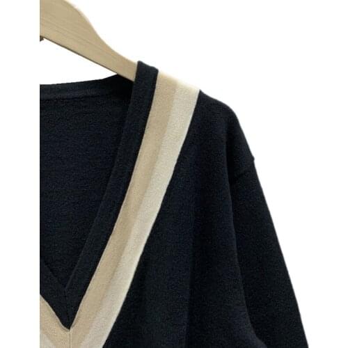 Women Pullover Spring Autumn Long Sleeve V-Neck Striped Loose Casual Elegant High Street Chic Stunning Fashion S