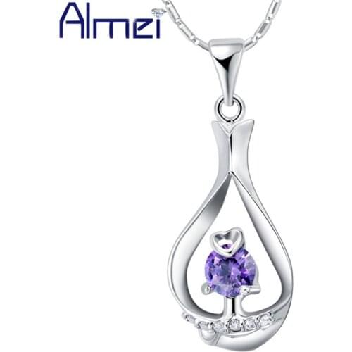 Almei 5%Off Flower Necklaces & Pendants Women Silver Female Jewelry Necklace Purple Crystal Colar Feminino Accessories N907