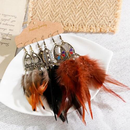 3Pairs/Set Womens Gypsy Hippie Boho Feather Earrings Jewelry Brincos Summer Vintage Bohemia Long Tassel Drop Earrings