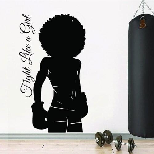 Afro-American bodybuilding fitness boxing girl vinyl wall sticker gym door decoration exercise power art gym sticker girl gift