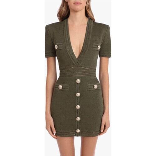 ArmyGreen Short Sleeve Dress 2021 Spring Summer New Sexy Deep V-neck Gold Button Elasticity Knitted Pencil Dresses HIGH QUALITY
