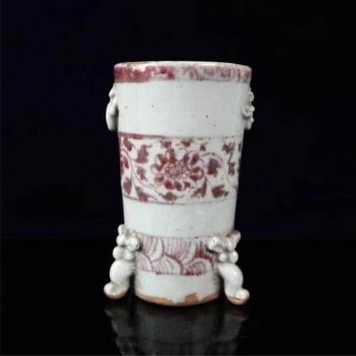 Jingdezhen Underglaze Red Porcelain Tangled Branches Lotus Flower Painting Round Pen Container Double Ears Pen Container
