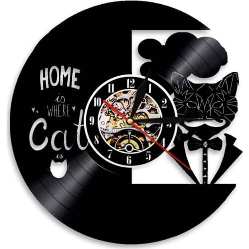 Home Is Where The Cat Is Inspirational Wall Art Decor Clock Creative Kitty Vinyl Record 3D Wall Clock Gift For Cat Lover