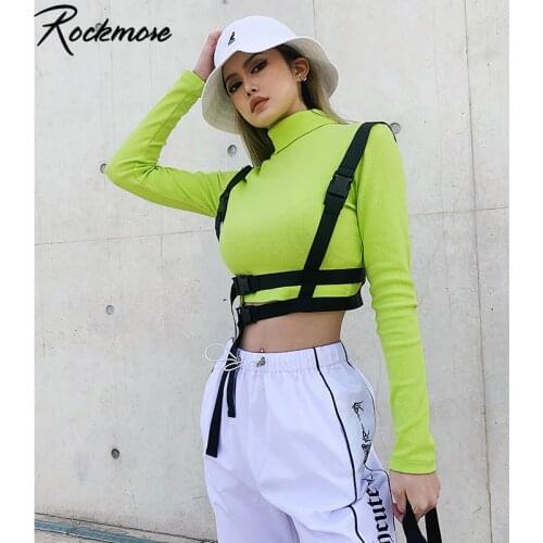 Rockmore Moto&Biker Womens T-Shirt With Buckle Belt Bodycon Long Sleeve Crop Top Basic Tshirt Green Turtleneck Shirts Black Tees