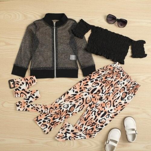 FOCUSNORM 2-7Y Fashion Toddler Kids Girls 3pcs Clothes Sets Off Shoulder Solid T Shirts+Mesh Long Sleeve Jacket+Leopard Pants