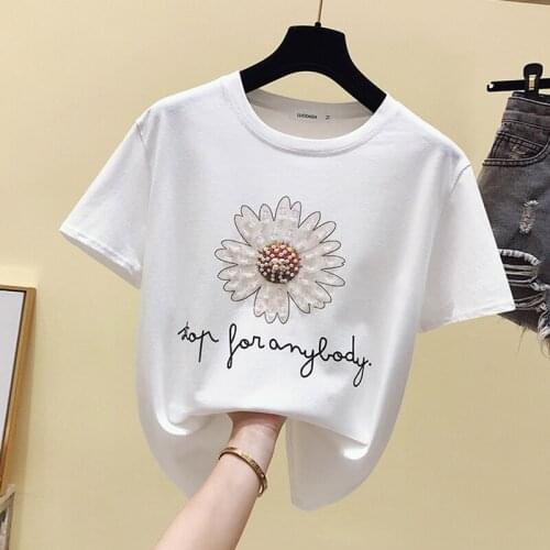 Summer Beading Letter T-shirt Women Printed Cotton Funny Tops Tee Shirt Women Short Sleeves Casual Knitted Tees Femme 2020