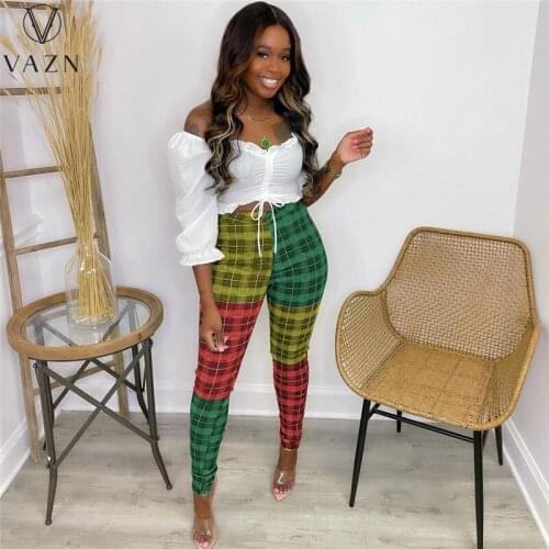 VAZN 2021 Hot Classic Plaid Sexy Daily Joker Soft Elastic Free Tracksuits Fashion High Waist Skinny Long Pencil Pants