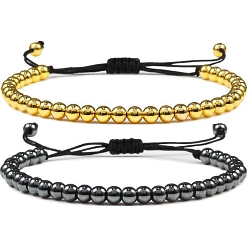 Fashion Men Bracelet Hematite Gold Silver Color Beads Charm Handmade Weave Adjustable Bracelets Bangle Accessories Women Jewelry