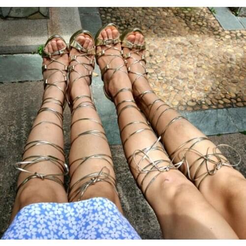 Moraima Snc Fashion Platform Wedge Sandal Boots for Woman Peep Toe Lace-up Knee High Boots Sexy Summer Gladiator Shoes Gold